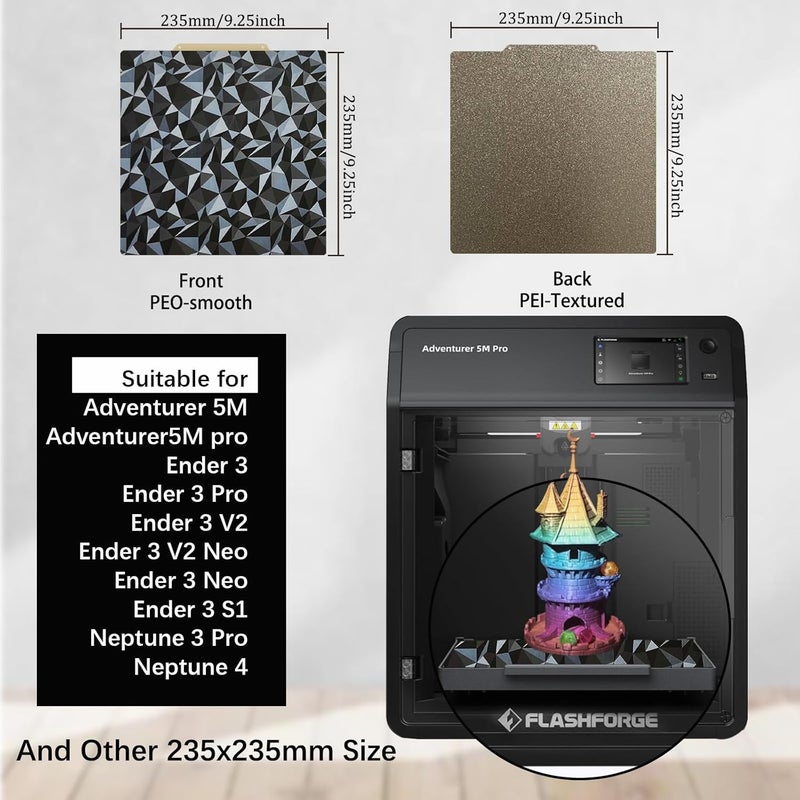 Wefuit Smooth PEO+Textured PEI Spring Steel Build Plate 235x235mm, Double Sided PEO+PEI Heated Bed for Adventurer 5M/Neptune 3 Pro/Neptune 4/Ender 3/Ender 3 V2/Ender 3 Pro/Neo/Ender 3 S1 3D Printer. - Image 3